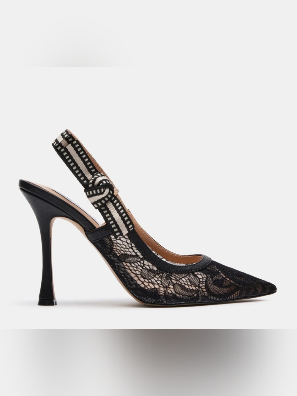 NWOB Steve Madden Black Lace Pointed Slingback Heels with Patterned Strap